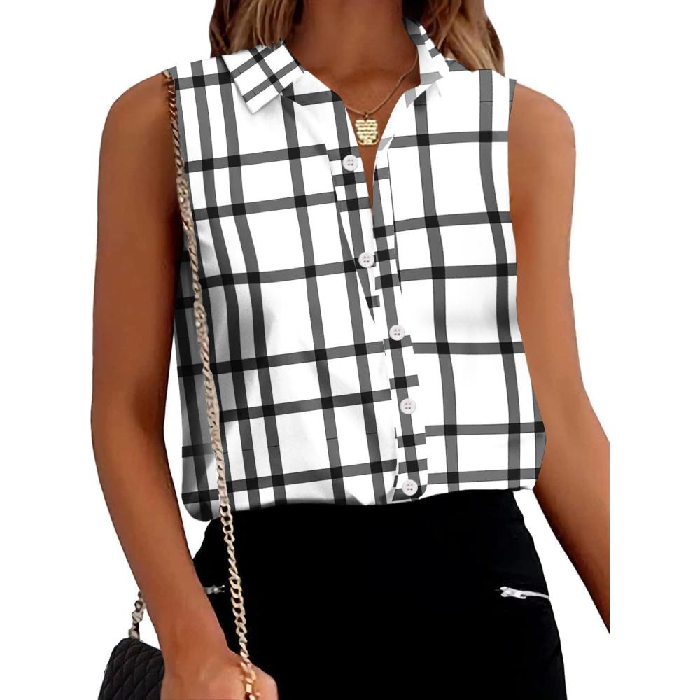 imageZeagoo Womens Sleeveless Button Down Shirts Blouses Solid Casual Basic V Neck Tank Tops for Work SXXLBlack Plaid
