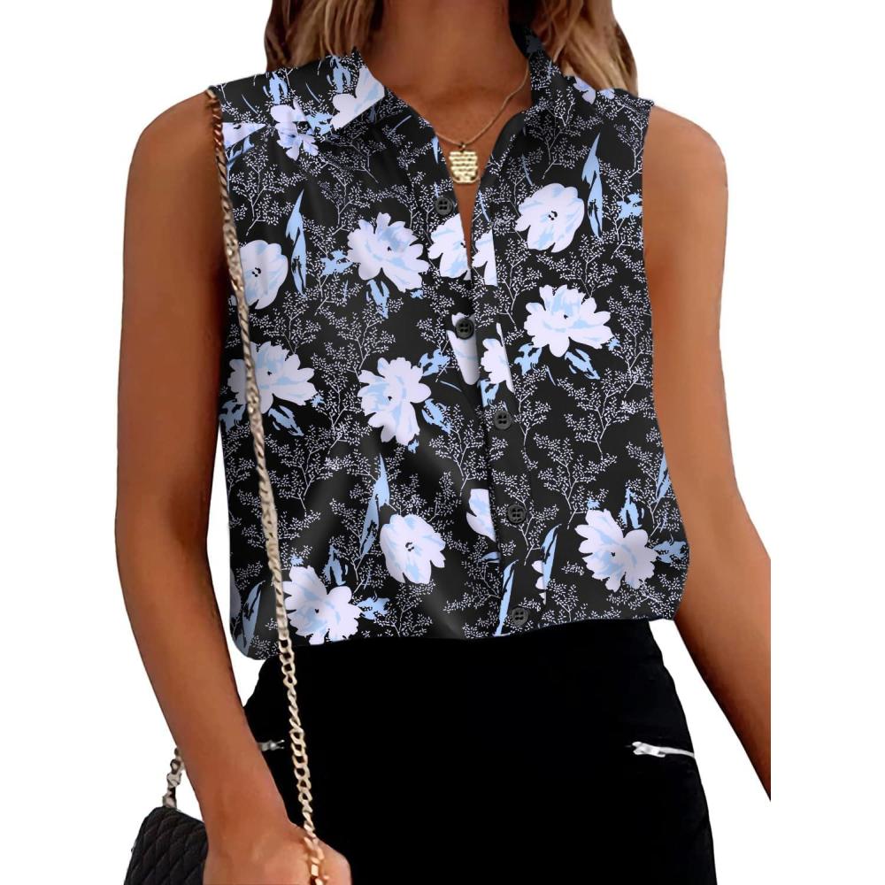 imageZeagoo Womens Sleeveless Button Down Shirts Blouses Solid Casual Basic V Neck Tank Tops for Work SXXLBlue Flower