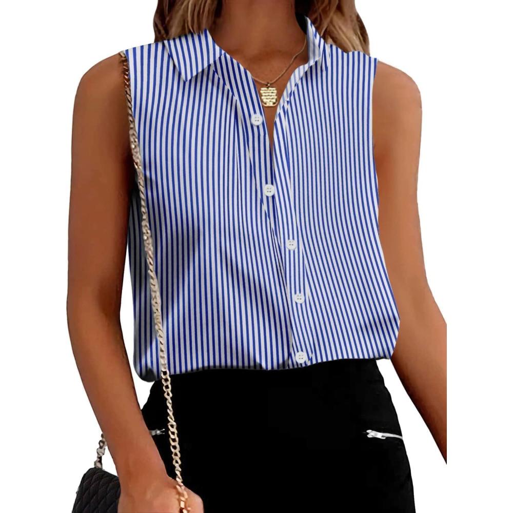 imageZeagoo Womens Sleeveless Button Down Shirts Blouses Solid Casual Basic V Neck Tank Tops for Work SXXLBlue Stripe