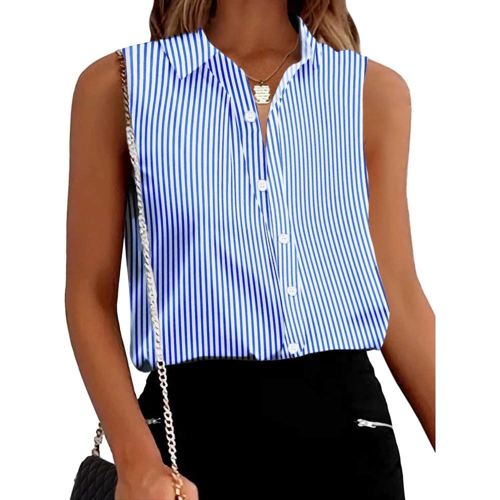 imageZeagoo Womens Sleeveless Button Down Shirts Blouses Solid Casual Basic V Neck Tank Tops for Work SXXLLight Blue Stripe