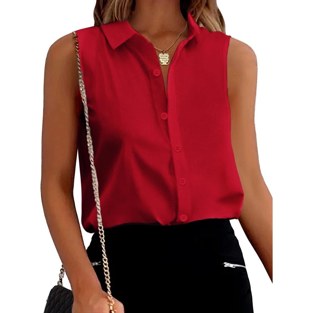 imageZeagoo Womens Sleeveless Button Down Shirts Blouses Solid Casual Basic V Neck Tank Tops for Work SXXLRed