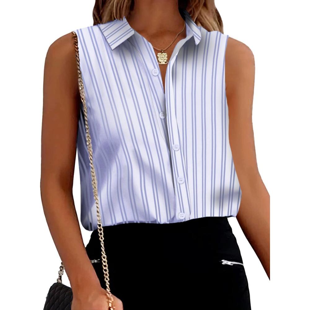 imageZeagoo Womens Sleeveless Button Down Shirts Blouses Solid Casual Basic V Neck Tank Tops for Work SXXLStripe