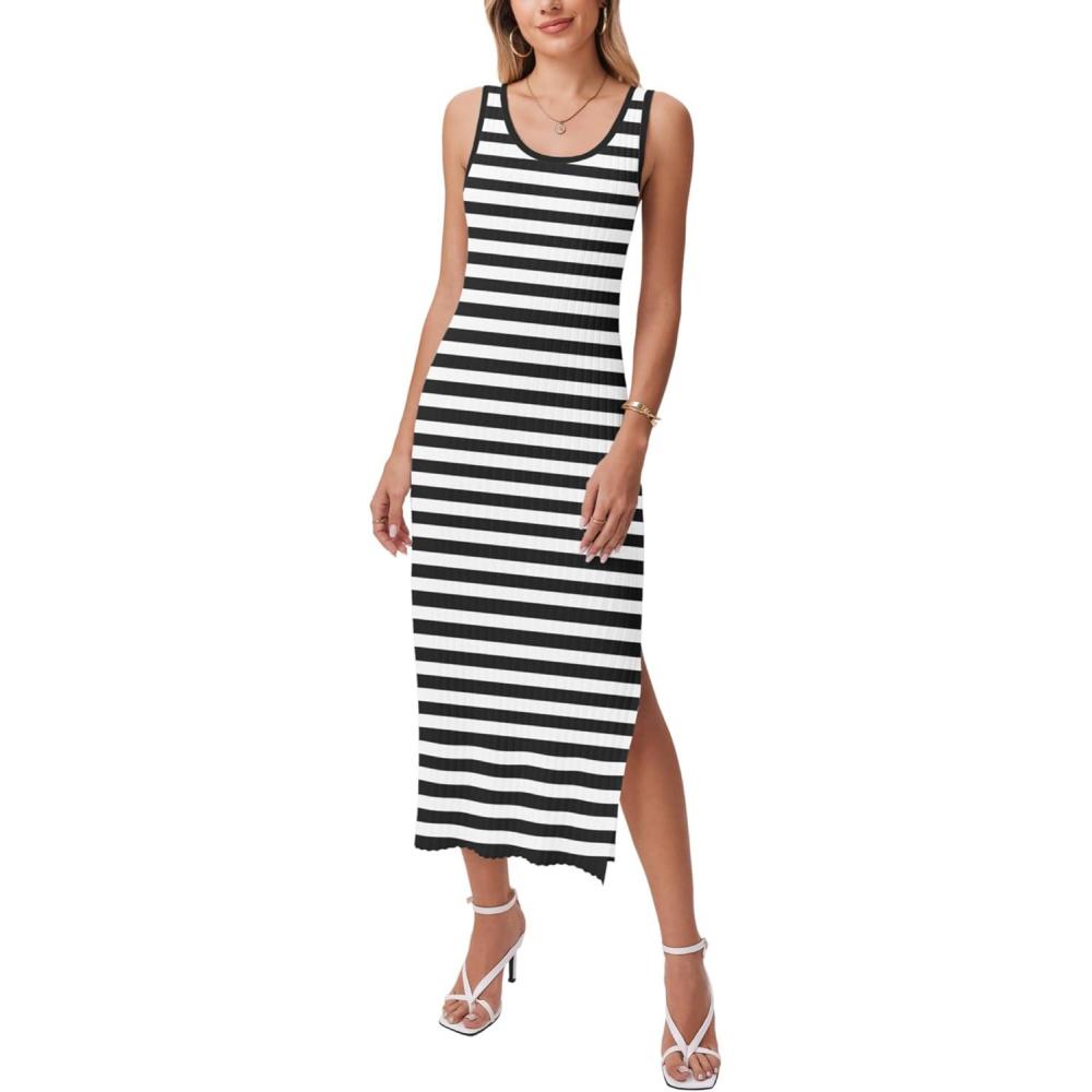 imageZeagoo Womens Spring Summer Casual Dress Bodycon Midi Sleeveless Striped Knit Maternity Tank Sweater Dresses with Side SlitBlack and White Striped