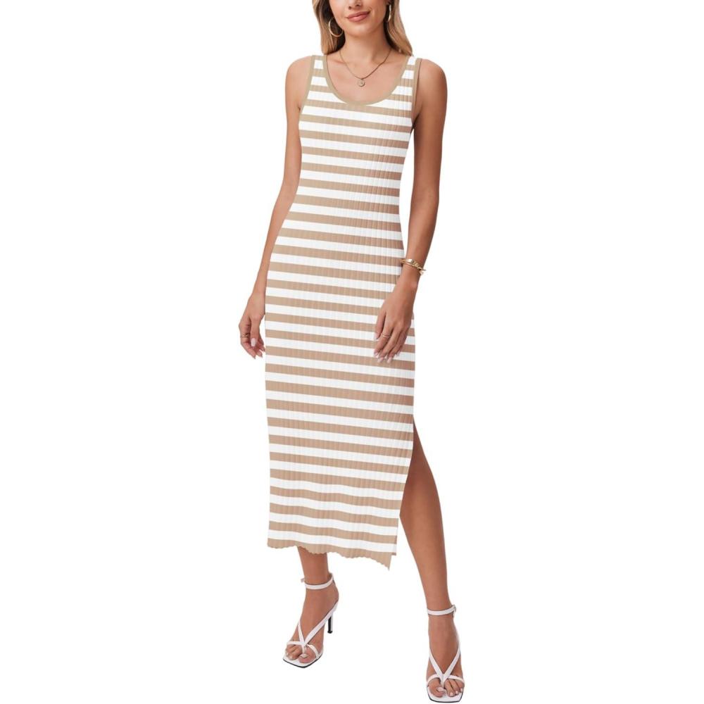 imageZeagoo Womens Spring Summer Casual Dress Bodycon Midi Sleeveless Striped Knit Maternity Tank Sweater Dresses with Side SlitBrown and White Striped