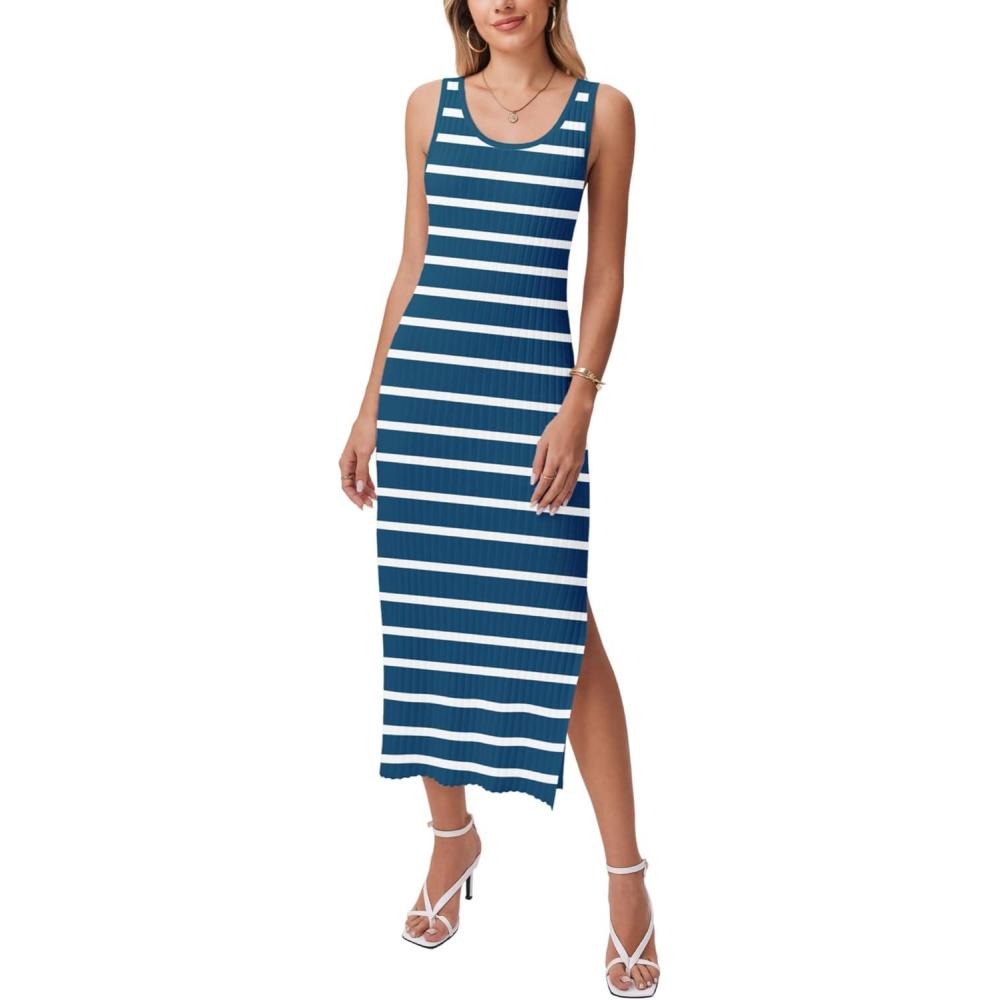imageZeagoo Womens Spring Summer Casual Dress Bodycon Midi Sleeveless Striped Knit Maternity Tank Sweater Dresses with Side SlitNavy and White Striped