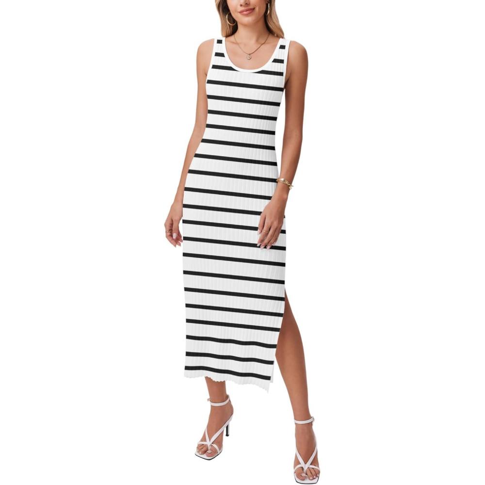 imageZeagoo Womens Spring Summer Casual Dress Bodycon Midi Sleeveless Striped Knit Maternity Tank Sweater Dresses with Side SlitWhite and Black Striped