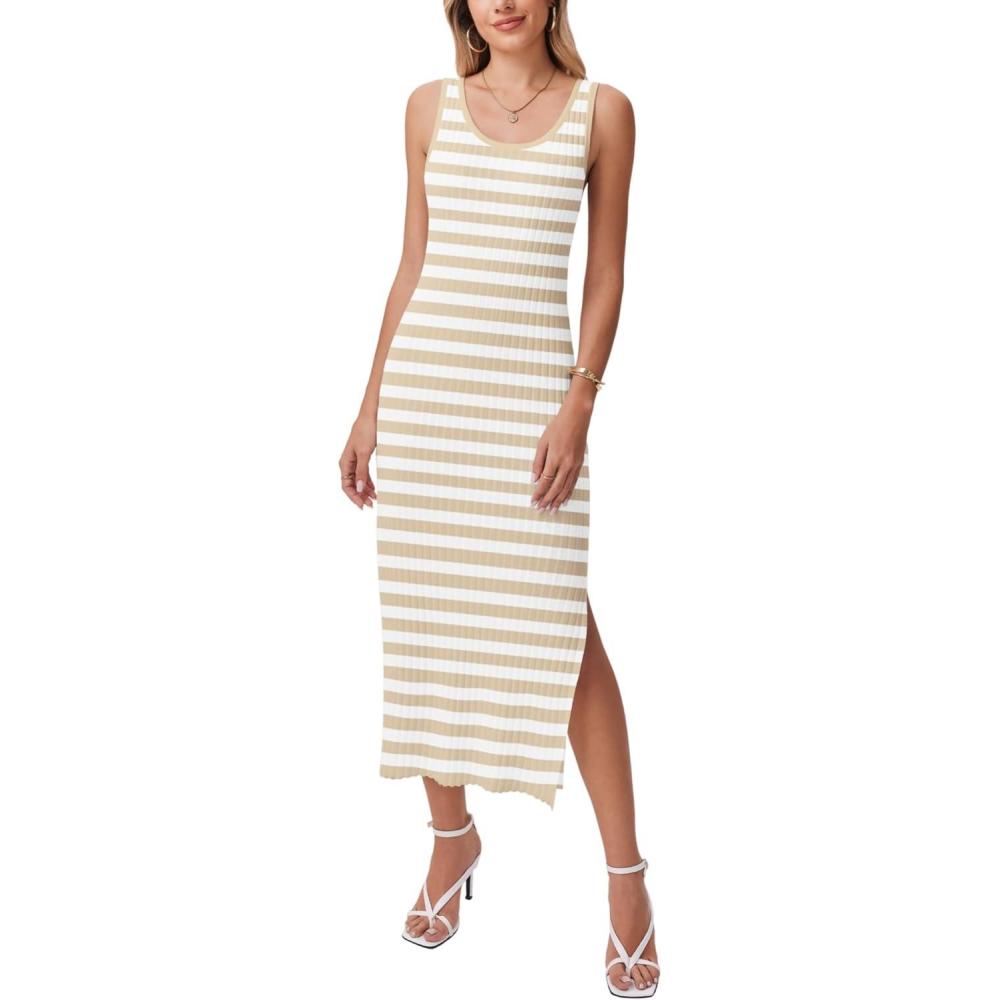imageZeagoo Womens Spring Summer Casual Dress Bodycon Midi Sleeveless Striped Knit Maternity Tank Sweater Dresses with Side SlitYellow and White Striped