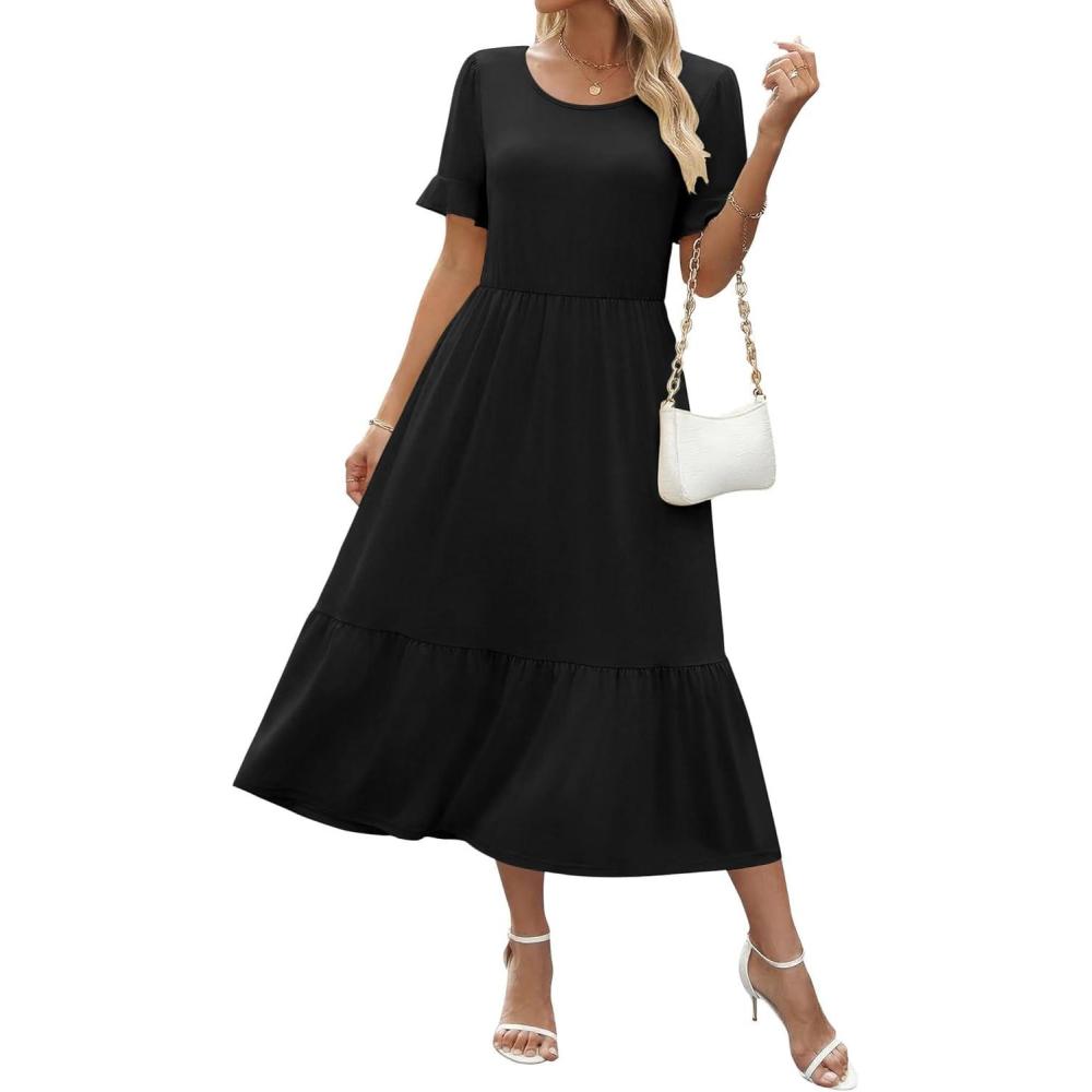 imageZeagoo Womens Summer Dresses 2026 Casual Midi Dress Flowy Sundress Ruffle Short Sleeve Tiered Dresses A Line Boho DressAblack