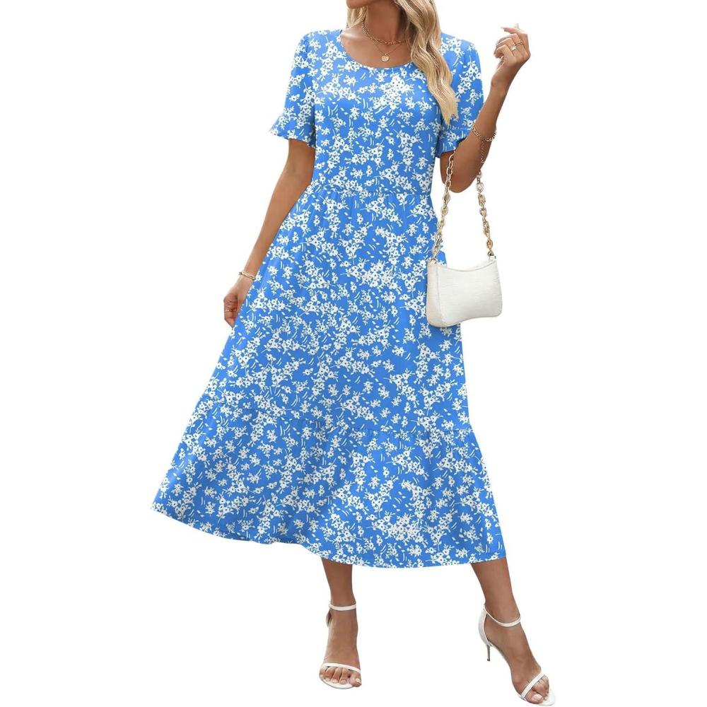 imageZeagoo Womens Summer Dresses 2026 Casual Midi Dress Flowy Sundress Ruffle Short Sleeve Tiered Dresses A Line Boho DressBlue Floral