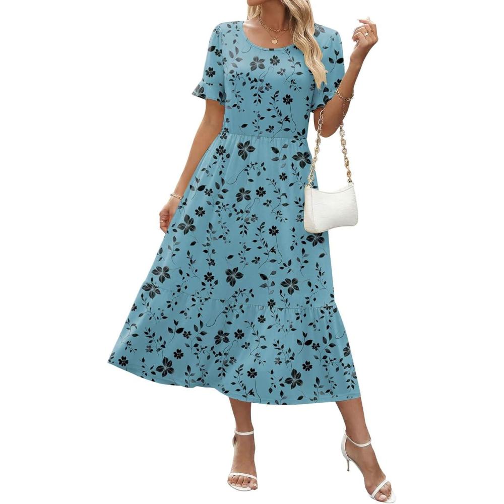 imageZeagoo Womens Summer Dresses 2026 Casual Midi Dress Flowy Sundress Ruffle Short Sleeve Tiered Dresses A Line Boho DressBlue Green Floral