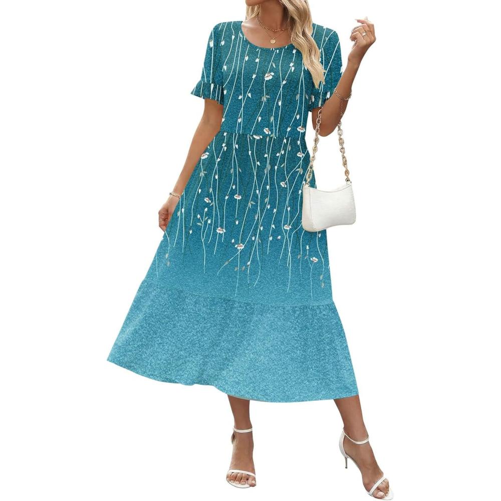 imageZeagoo Womens Summer Dresses 2026 Casual Midi Dress Flowy Sundress Ruffle Short Sleeve Tiered Dresses A Line Boho DressBlue Green Printed