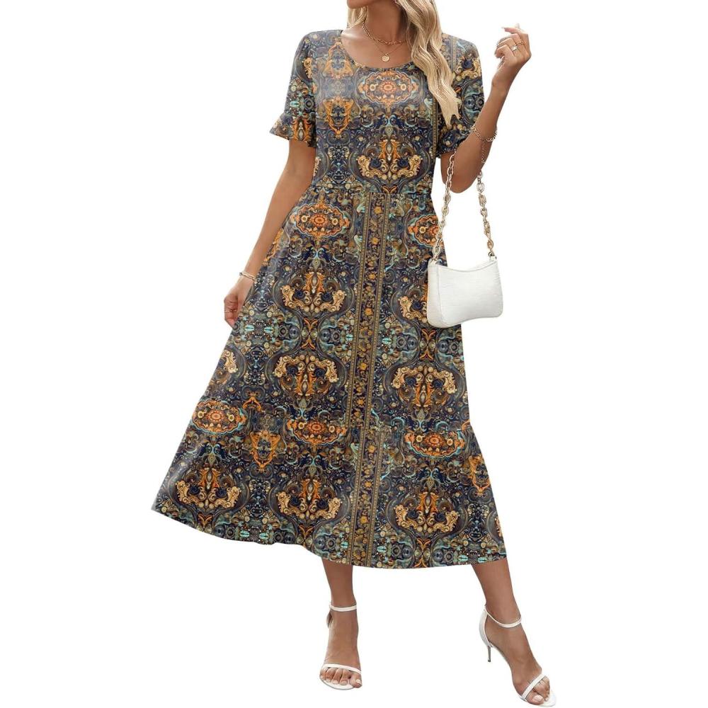imageZeagoo Womens Summer Dresses 2026 Casual Midi Dress Flowy Sundress Ruffle Short Sleeve Tiered Dresses A Line Boho DressChic Printed 02