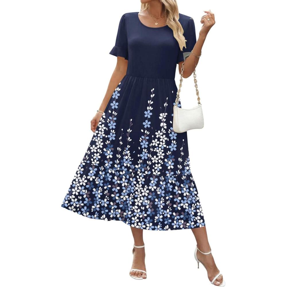imageZeagoo Womens Summer Dresses 2026 Casual Midi Dress Flowy Sundress Ruffle Short Sleeve Tiered Dresses A Line Boho DressNavy Printed