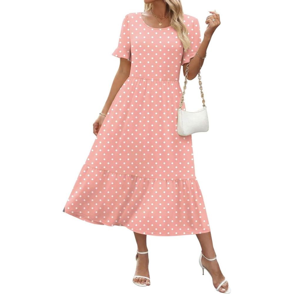 imageZeagoo Womens Summer Dresses 2026 Casual Midi Dress Flowy Sundress Ruffle Short Sleeve Tiered Dresses A Line Boho DressPink Dot