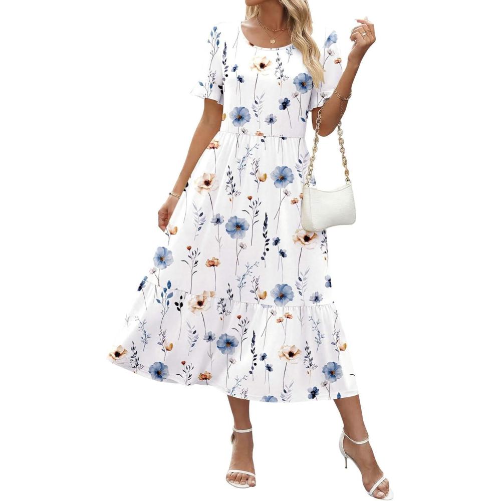 imageZeagoo Womens Summer Dresses 2026 Casual Midi Dress Flowy Sundress Ruffle Short Sleeve Tiered Dresses A Line Boho DressWhite Floral