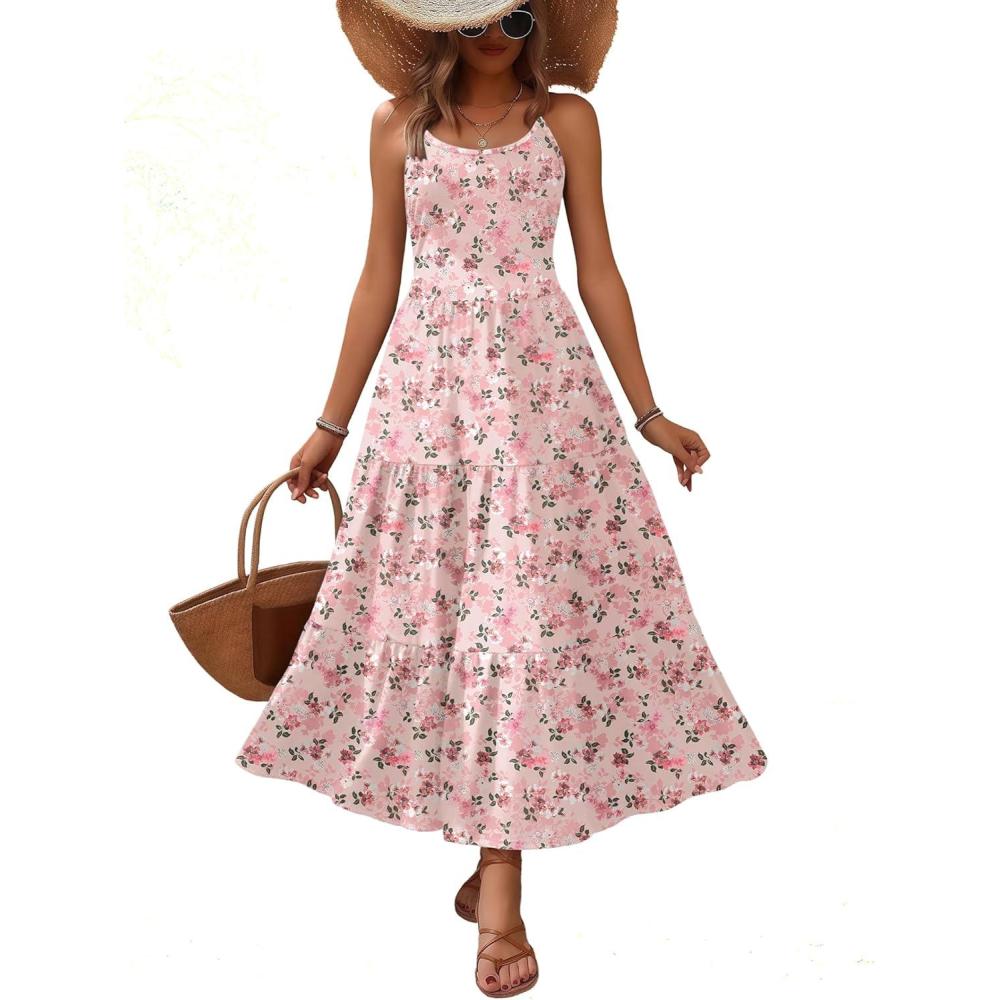 imageZeagoo Womens Summer Long Dress Adjustable Spaghetti Strap Floral Casual Dress with Pockets Flowy Tiered Beach Sundress01 Pink Floral