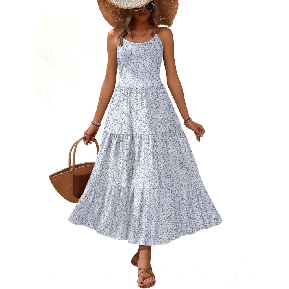 imageZeagoo Womens Summer Long Dress Adjustable Spaghetti Strap Floral Casual Dress with Pockets Flowy Tiered Beach Sundress02 Blue White Floral