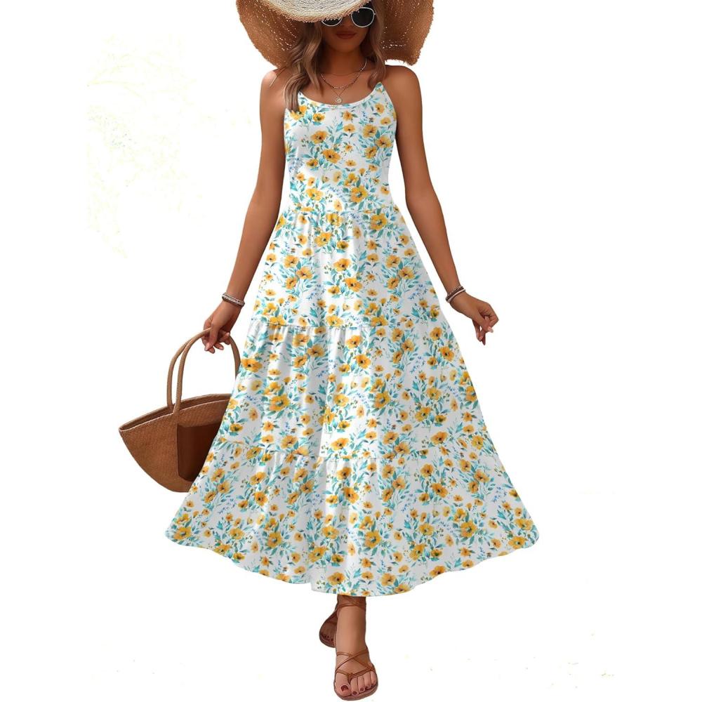 imageZeagoo Womens Summer Long Dress Adjustable Spaghetti Strap Floral Casual Dress with Pockets Flowy Tiered Beach Sundress02 Yellow Blue Floral
