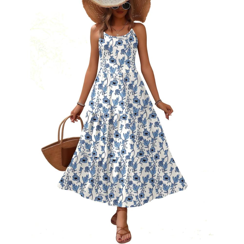 imageZeagoo Womens Summer Long Dress Adjustable Spaghetti Strap Floral Casual Dress with Pockets Flowy Tiered Beach Sundress03 Blue White Floral