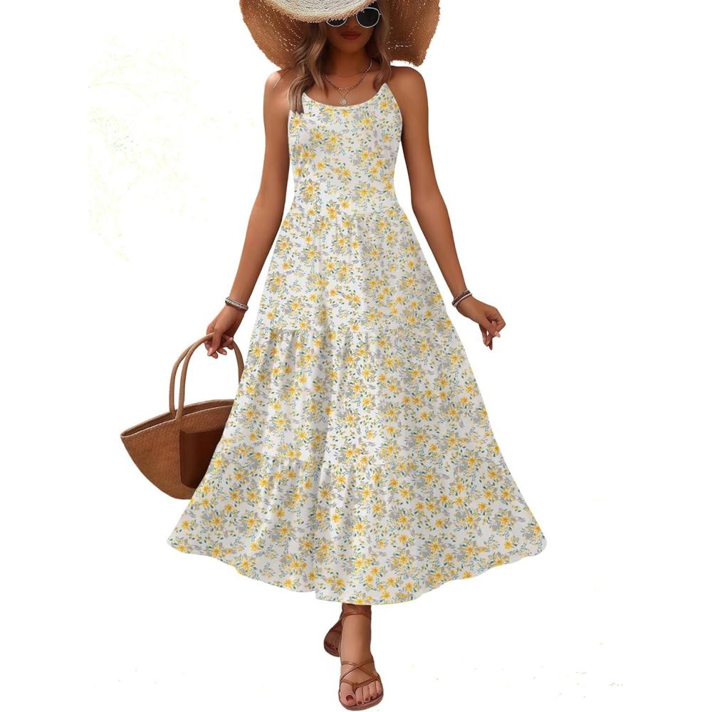 imageZeagoo Womens Summer Long Dress Adjustable Spaghetti Strap Floral Casual Dress with Pockets Flowy Tiered Beach Sundress04 Yellow Floral