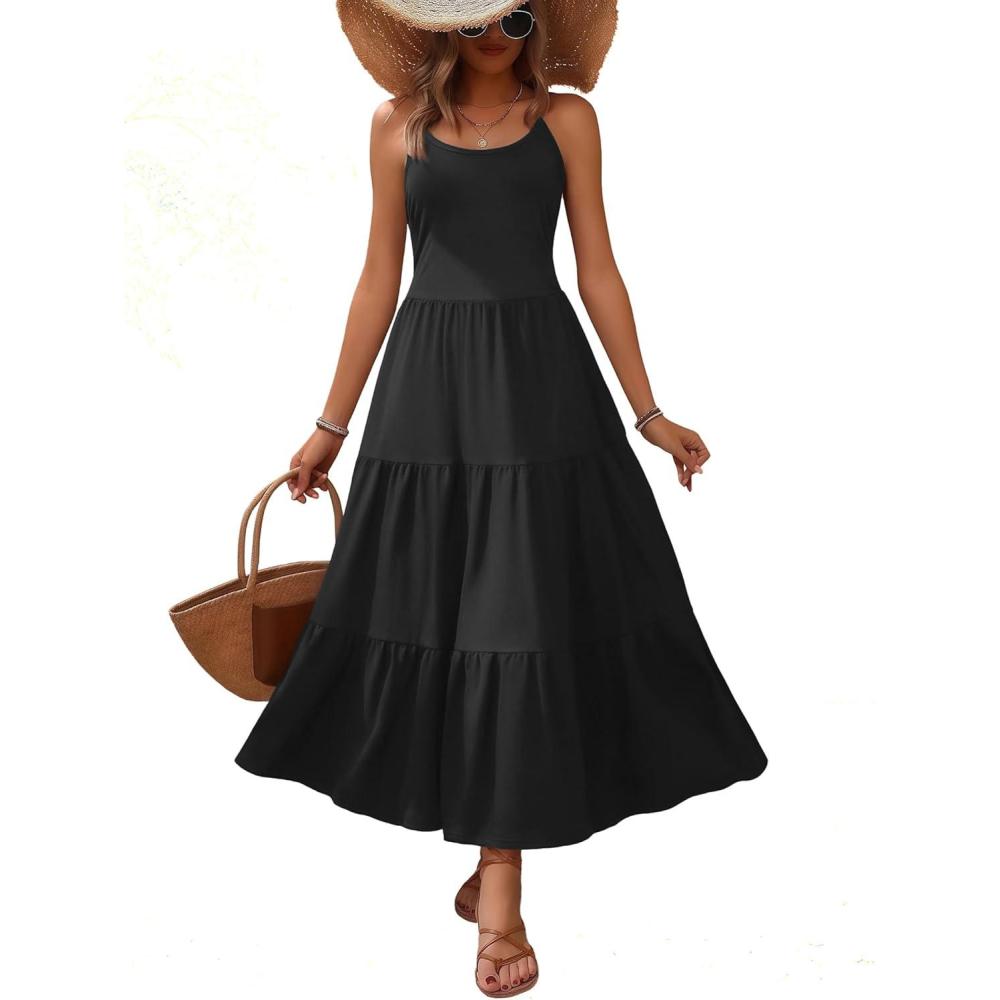 imageZeagoo Womens Summer Long Dress Adjustable Spaghetti Strap Floral Casual Dress with Pockets Flowy Tiered Beach SundressBlack