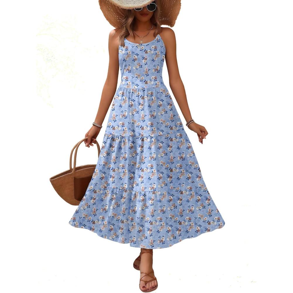 imageZeagoo Womens Summer Long Dress Adjustable Spaghetti Strap Floral Casual Dress with Pockets Flowy Tiered Beach SundressLight Blue Floral