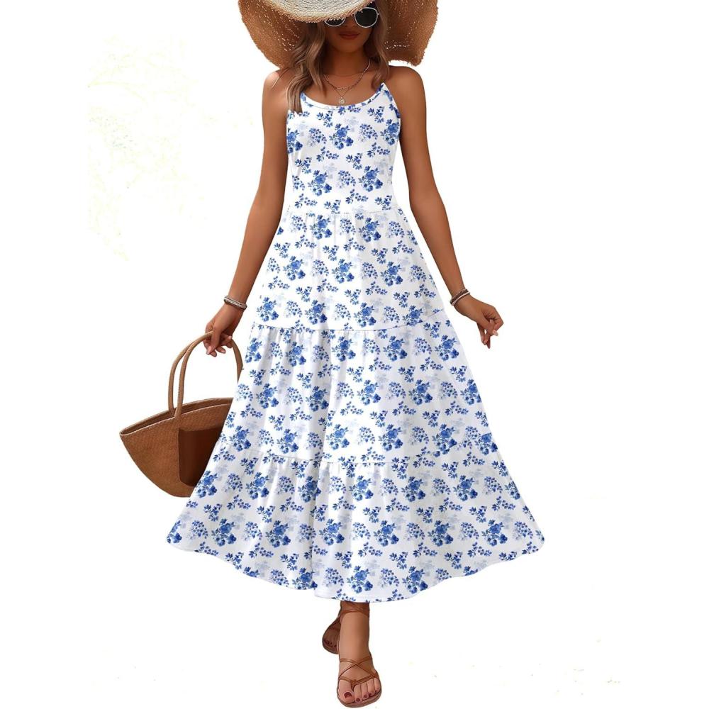 imageZeagoo Womens Summer Long Dress Adjustable Spaghetti Strap Floral Casual Dress with Pockets Flowy Tiered Beach SundressWhite Blue Floral