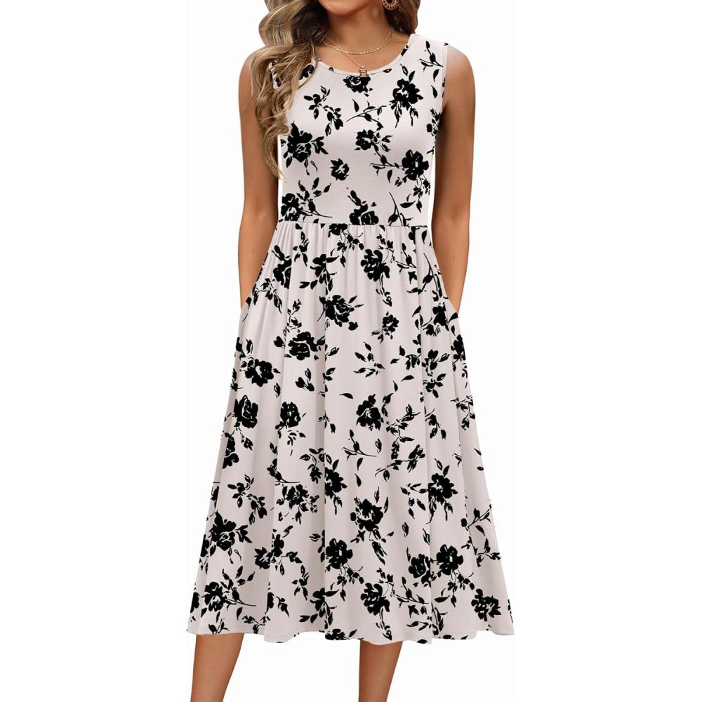 imageZeagoo Womens Summer Tank Midi Dress with Pockets Floral Sleeveless ALine Casual Loose TShirt Dresses Beach Sundress 2026Apricot Floral