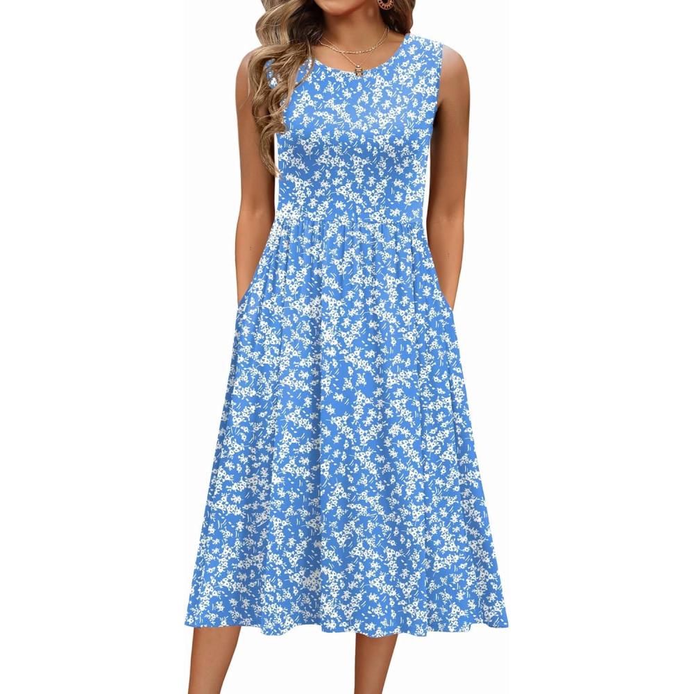 imageZeagoo Womens Summer Tank Midi Dress with Pockets Floral Sleeveless ALine Casual Loose TShirt Dresses Beach Sundress 2026Blue Small Floral