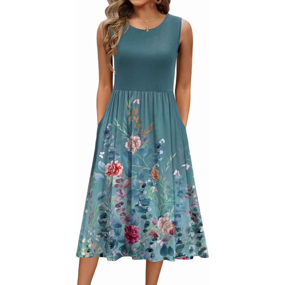 imageZeagoo Womens Summer Tank Midi Dress with Pockets Floral Sleeveless ALine Casual Loose TShirt Dresses Beach Sundress 2026Green Floral