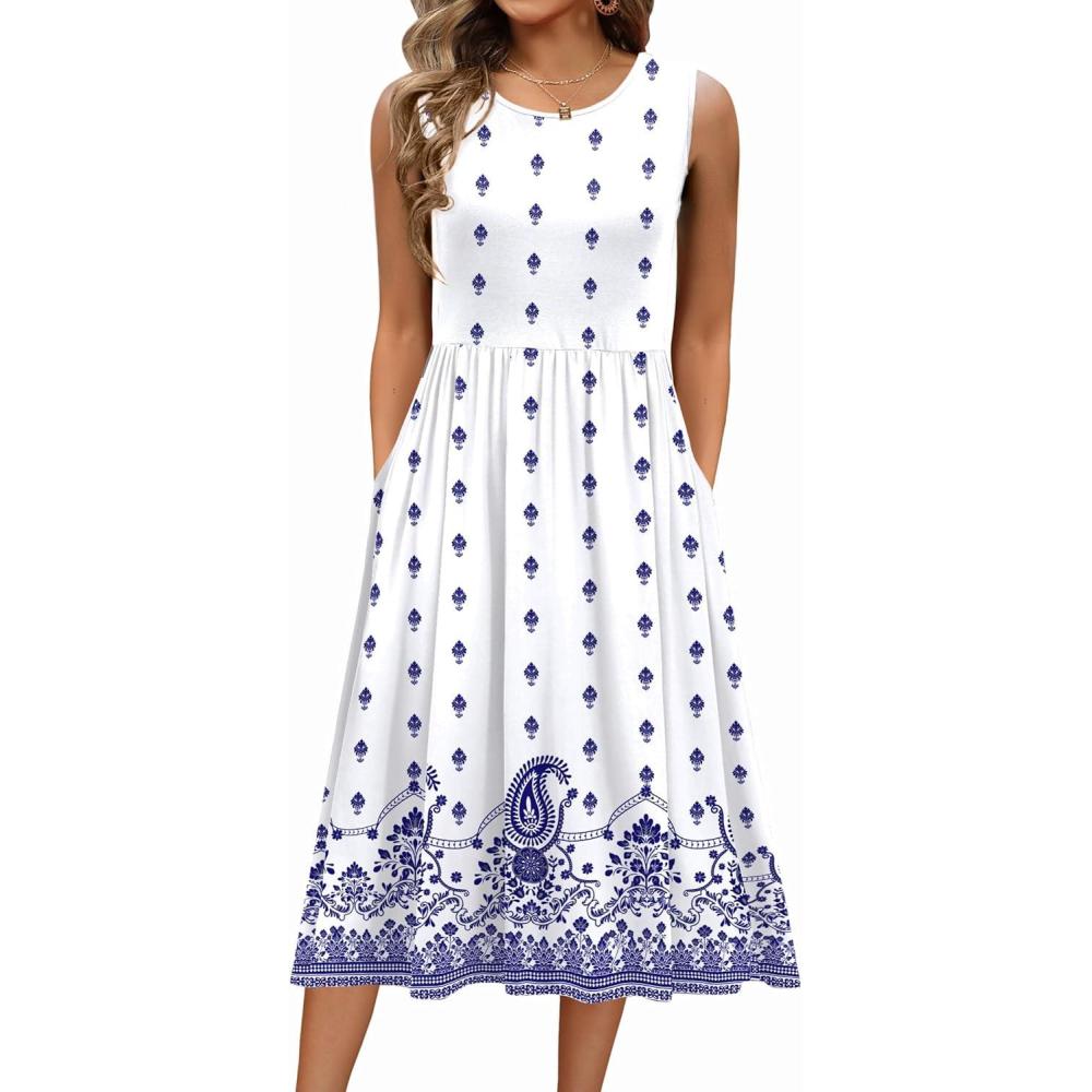 imageZeagoo Womens Summer Tank Midi Dress with Pockets Floral Sleeveless ALine Casual Loose TShirt Dresses Beach Sundress 2026White Boho Print