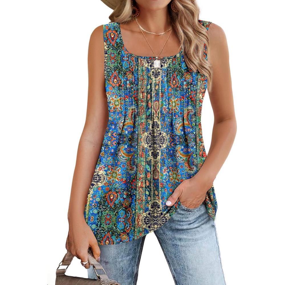 imageZeagoo Womens Summer Tank Tops 2026 Pleated Square Neck Loose Fit Casual Flowy Tunic Sleeveless ShirtsMz779