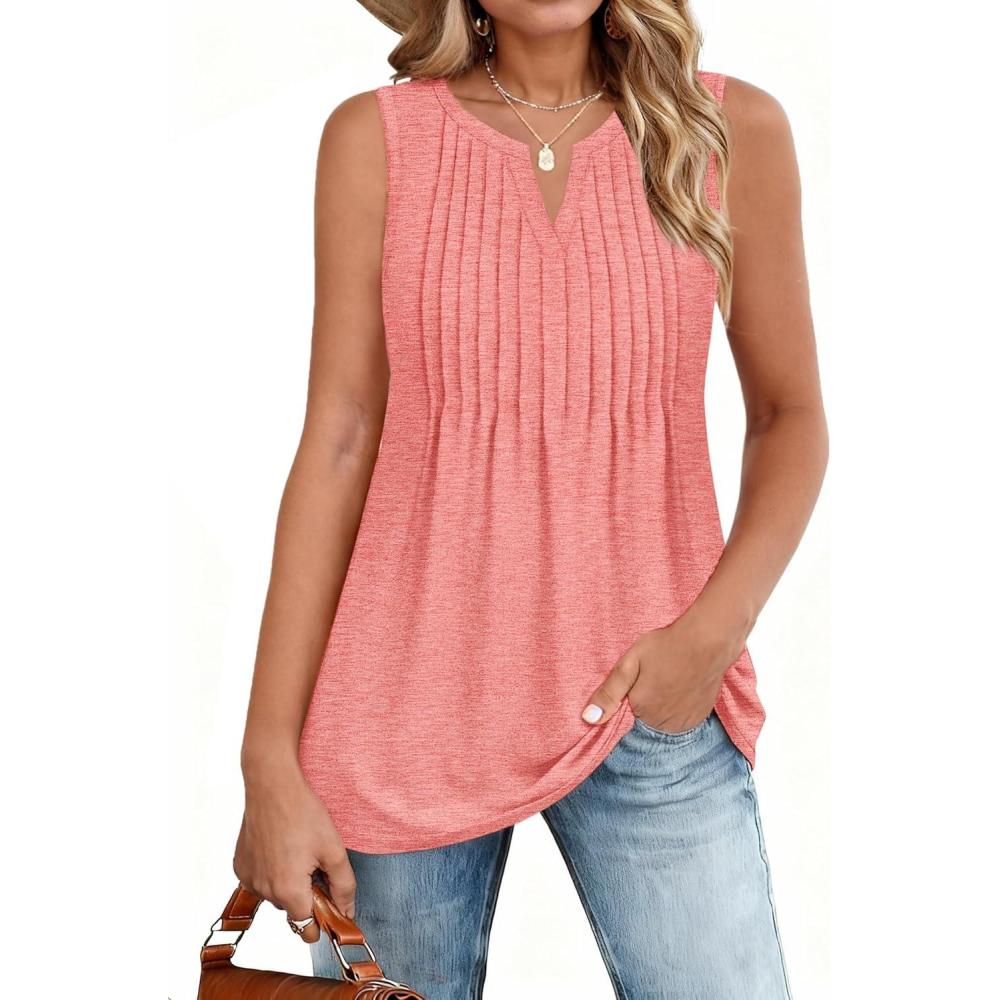 imageZeagoo Womens Summer Tank Tops 2026 Pleated V Neck Floral Loose Fit Casual Flowy Boho Tunic Sleeveless ShirtsCoral