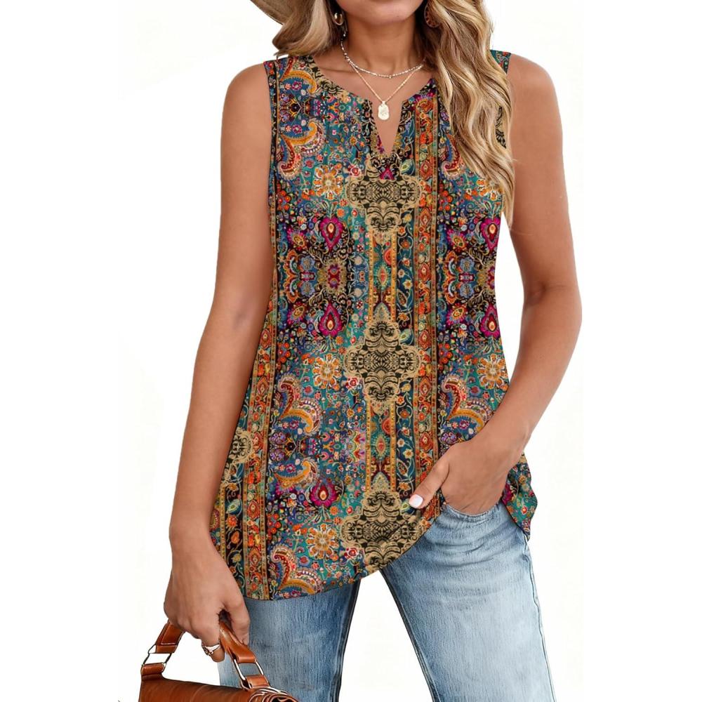 imageZeagoo Womens Summer Tank Tops 2026 Pleated V Neck Floral Loose Fit Casual Flowy Boho Tunic Sleeveless ShirtsMz721
