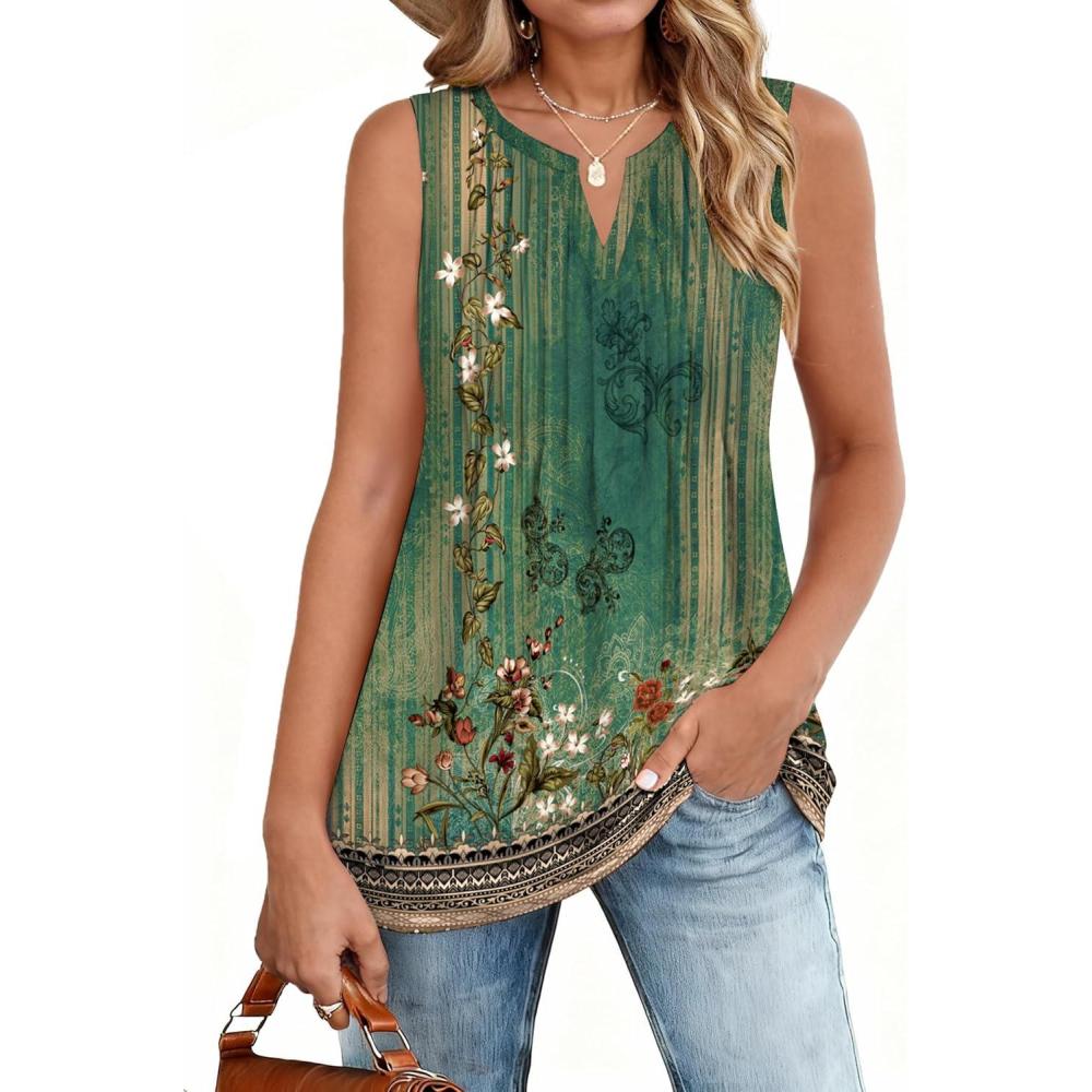 imageZeagoo Womens Summer Tank Tops 2026 Pleated V Neck Floral Loose Fit Casual Flowy Boho Tunic Sleeveless ShirtsMz839