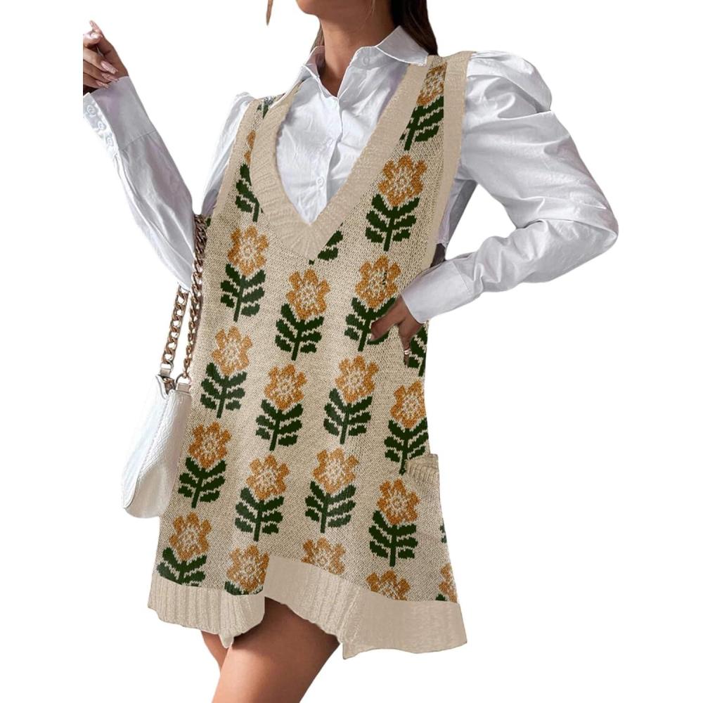 imageZeagoo Womens Sweater Vest Dress Pattern Knitted Pullovers Sweaters V Neck Tank Sweater Dress with PocketsKhaki Flower