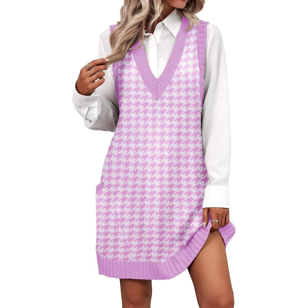 imageZeagoo Womens Sweater Vest Dress Pattern Knitted Pullovers Sweaters V Neck Tank Sweater Dress with PocketsPurple Houndstooth