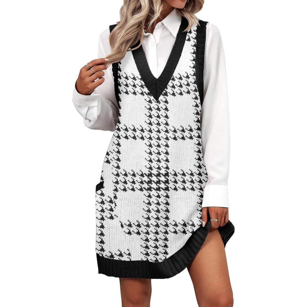 imageZeagoo Womens Sweater Vest Dress Pattern Knitted Pullovers Sweaters V Neck Tank Sweater Dress with PocketsWhite Plaid