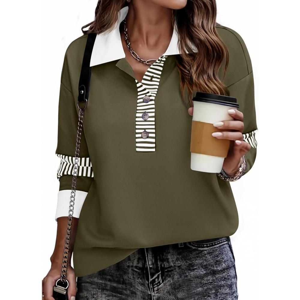 imageZeagoo Womens Sweatshirt Henley V Neck Button Down Shirts Color Block Blouses Pullover 2025 Fall Business Casual OutfitsA01army Green