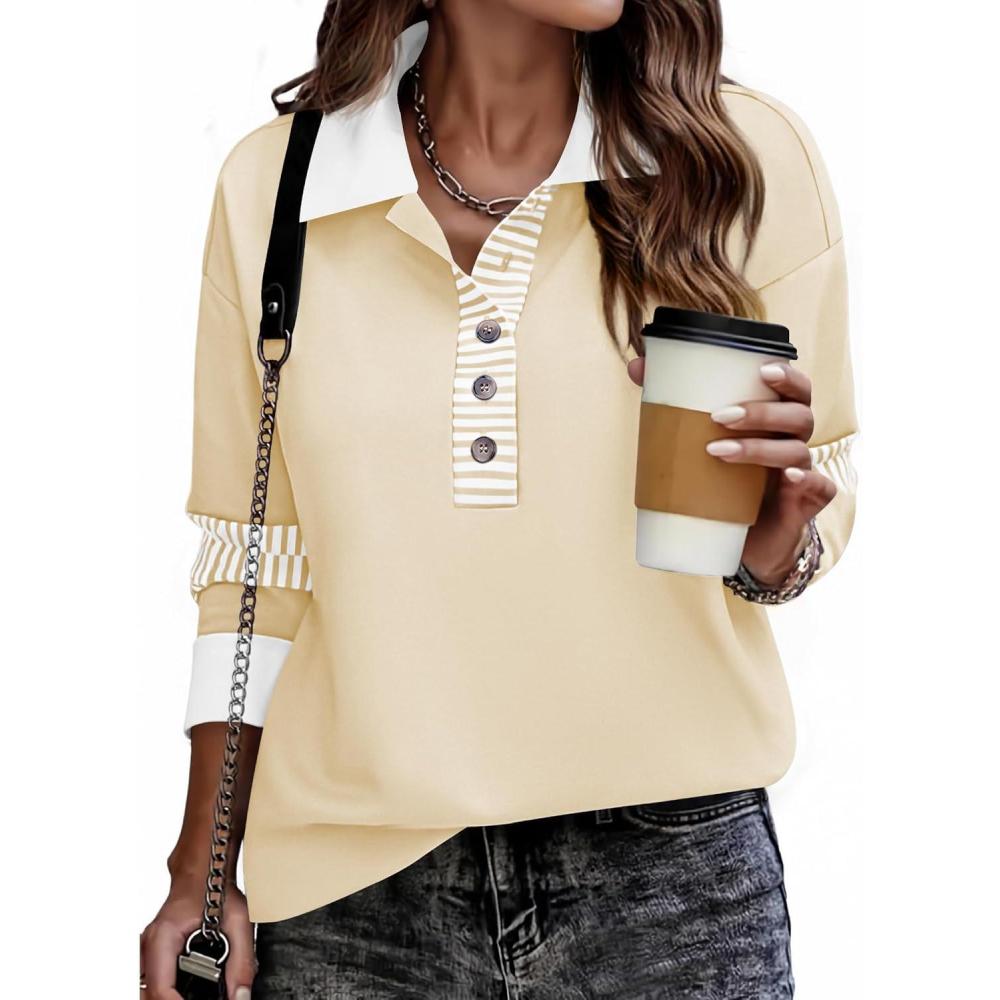 imageZeagoo Womens Sweatshirt Henley V Neck Button Down Shirts Color Block Blouses Pullover 2025 Fall Business Casual OutfitsCream Color