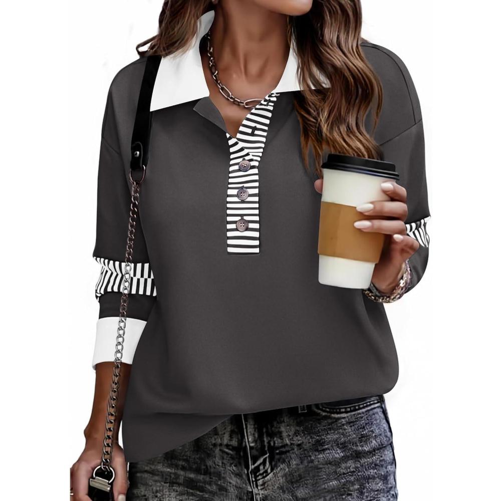 imageZeagoo Womens Sweatshirt Henley V Neck Button Down Shirts Color Block Blouses Pullover 2025 Fall Business Casual OutfitsDark Gray