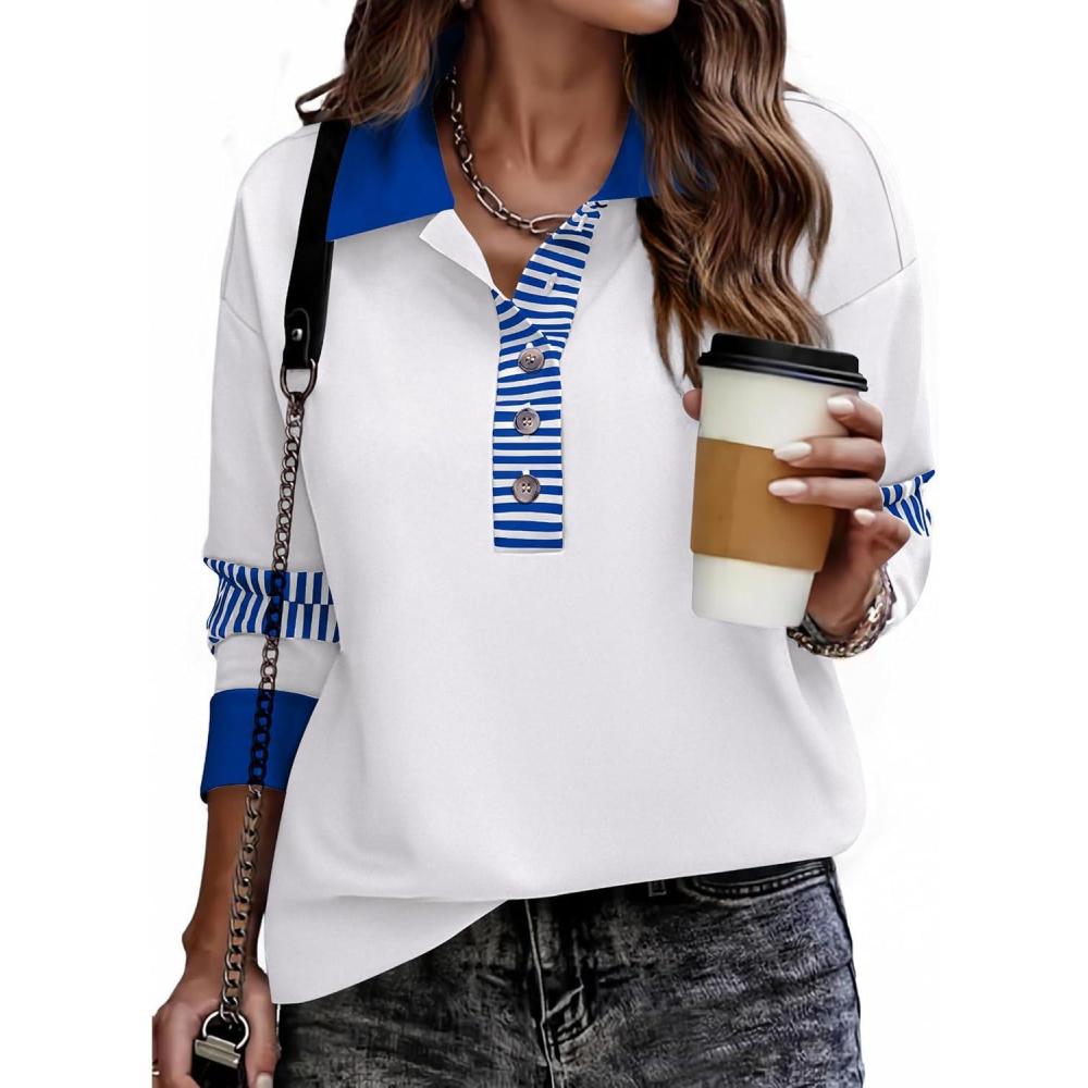 imageZeagoo Womens Sweatshirt Henley V Neck Button Down Shirts Color Block Blouses Pullover 2025 Fall Business Casual OutfitsWhite