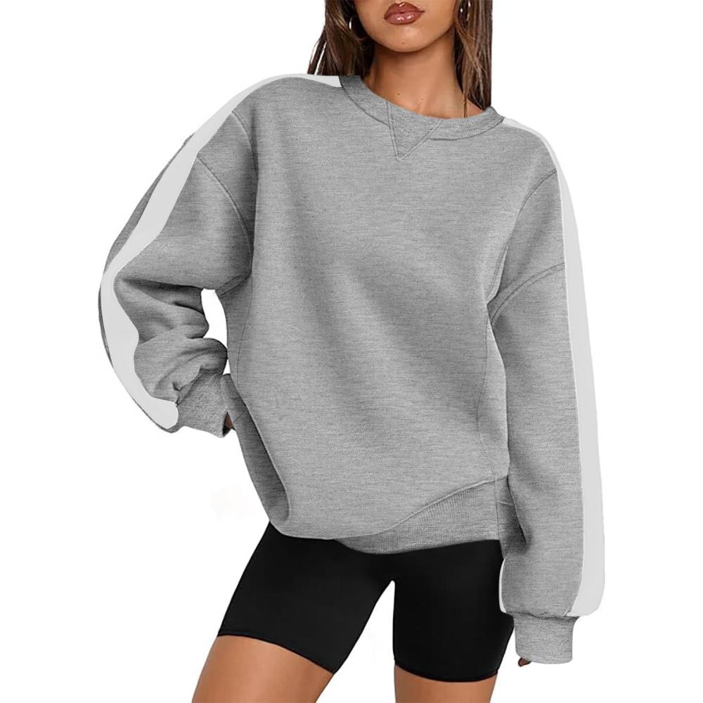 imageZeagoo Womens Sweatshirt Long Sleeve Color Block Fleece Hoodies Fall Casual Crewneck Pullover Tunic Tops 2024Light Grey