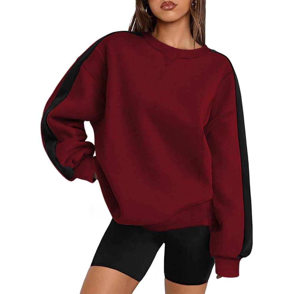 imageZeagoo Womens Sweatshirt Long Sleeve Color Block Fleece Hoodies Fall Casual Crewneck Pullover Tunic Tops 2024Wine Red
