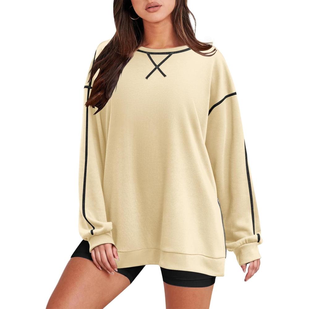 imageZeagoo Womens Sweatshirts Long Sleeve Crewneck Pullover Tops 2025 Fall Winter Trendy Side Zip Going Out HoodiesApricot