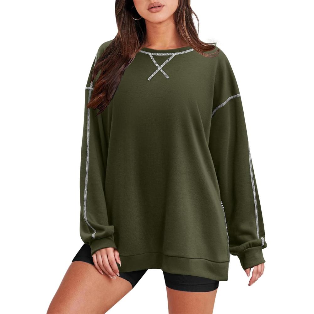 imageZeagoo Womens Sweatshirts Long Sleeve Crewneck Pullover Tops 2025 Fall Winter Trendy Side Zip Going Out HoodiesArmy Green