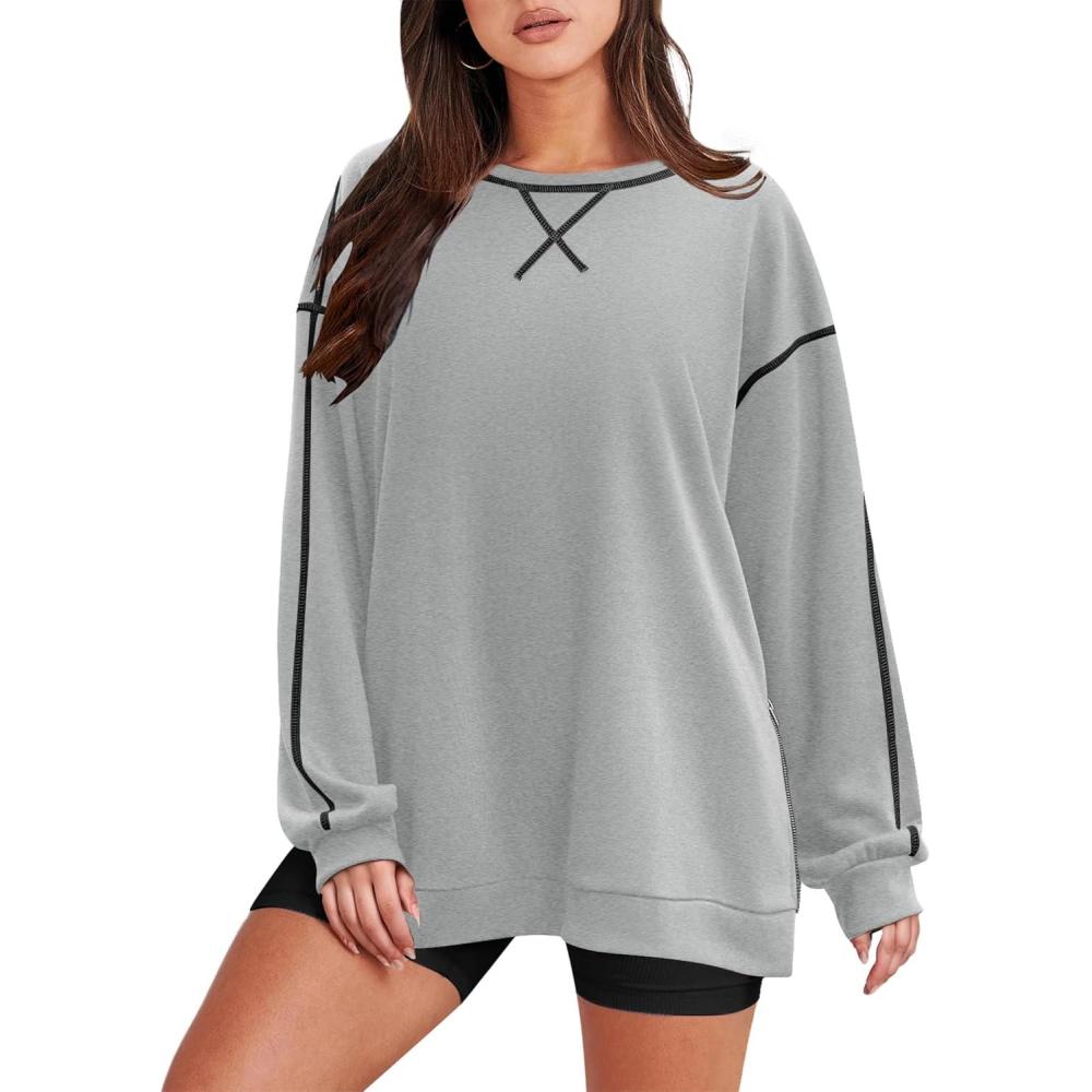 imageZeagoo Womens Sweatshirts Long Sleeve Crewneck Pullover Tops 2025 Fall Winter Trendy Side Zip Going Out HoodiesGrey