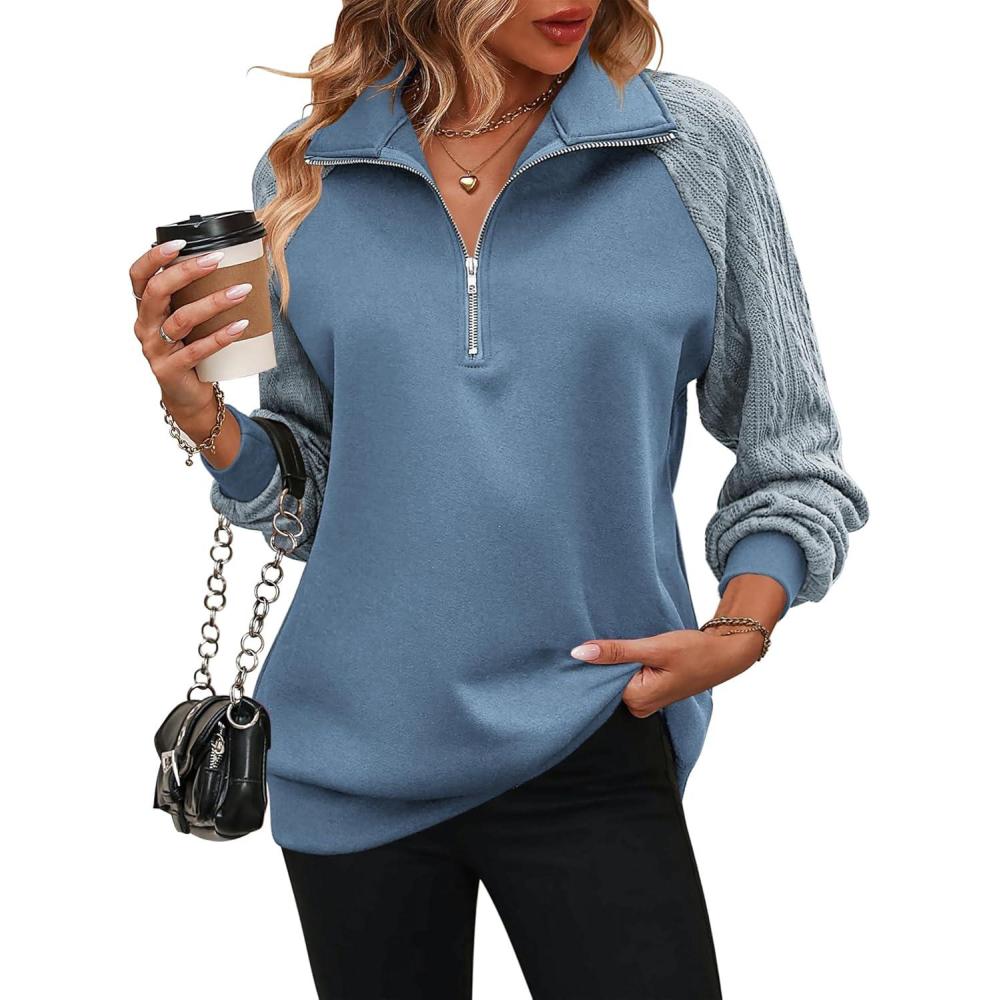 imageZeagoo Womens Sweatshrits Quarter Zip Pullover Fleece Sweatshirt Casual Cable Knit Sleeve Hoodies Fashion Outfits ClothesNavy Blue