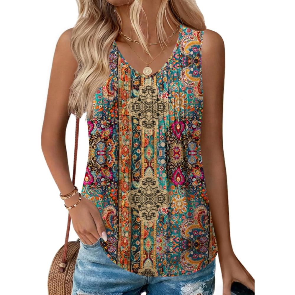 imageZeagoo Womens Tank Tops 2026 Sleeveless Pleated V Neck Loose Fit Summer Clothes Flowy Boho ShirtsFloral Mz721