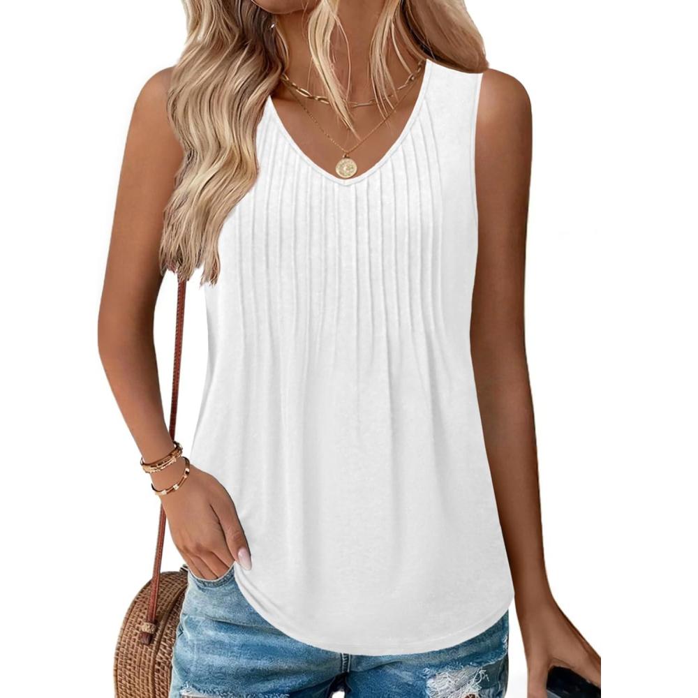 imageZeagoo Womens Tank Tops 2026 Sleeveless Pleated V Neck Loose Fit Summer Clothes Flowy Boho ShirtsWhite